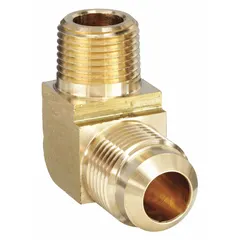 This brass 45-degree flare tube elbow connects 5/8 in OD tubing to a 3/8 in male pipe thread. It is used in hydraulic, pneumatic, and fluid-handling systems for a leak-resistant, reusable seal. Suitable for industrial equipment, machining, power transmission, and instrumentation applications.