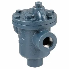 Cast iron steam trap for in-line horizontal installation. 3/4-inch FNPT connections. Maximum capacity 700 lb/hr, maximum pressure 80 psi, maximum temperature 450°F. Strainer not included. Used to drain condensate from steam lines while preventing steam loss.