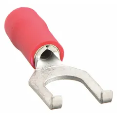 Red vinyl insulated fork terminal with a flanged fork design for secure connections to terminal blocks or studs. Features a #6 stud size, accepts 22 AWG to 16 AWG wire, and is rated for 600 V. The insulation grip barrel style provides strain relief. Suitable for use in control panels, machinery, and power distribution systems.