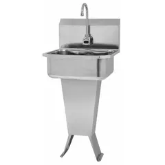 This one-station freestanding hand sink includes a battery-powered sensor faucet with a 2 gpm flow rate. The bowl measures 17 in length and 7 in depth. Suitable for commercial restrooms and foodservice areas requiring touch-free operation.