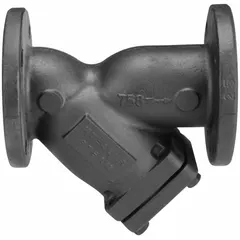 This cast iron Y strainer features a 2 1/2 inch flanged connection and a perforated 304 stainless steel screen with 0.062 inch openings. The non-asbestos seal material is suitable for various media. It is used in industrial pipelines to remove debris from steam, water, or gas flows, protecting downstream equipment such as valves and pumps.