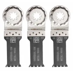 Bi-metal Starlock Plus mounted blade, 3 pieces per pack, each 4 5/16 in overall length. Designed for precision cutting of soft metal in oscillating tools.