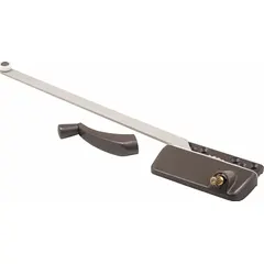 This right-hand crank window operator is designed for casement windows, mounting on the frame. It includes a crank handle and features a bronze-coated brown finish with a 3-inch base length. Suitable for residential or light commercial window applications.