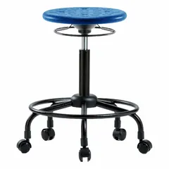 Polyurethane Lab Stool, Blue, 13" x 13" Seat, Height Adjustable 22 1/2" to 30 1/2", Steel Base with 5 Casters and Foot Support