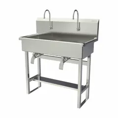 This two-station freestanding wash station is constructed from 16-gauge material with a 37-inch bowl length and 8-inch bowl depth. It features a 0.5 gpm flow rate and does not include a side splash. Suitable for commercial handwashing in high-traffic areas such as food processing plants, healthcare facilities, and industrial kitchens.