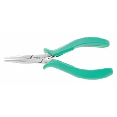 Chain-nose pliers with smooth jaws for precision gripping and bending. Overall length 5 3/4 in, jaw length 1 3/8 in, max jaw opening 1/2 in. Suitable for fine assembly, electronics work, and jewelry making where controlled handling is required.