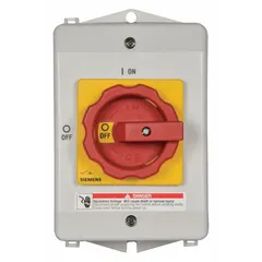 This Siemens non-fusible disconnect switch is rated for 30 A and three-phase operation. It features a plastic housing with a red/yellow handle for clear visual indication of switch position. Suitable for indoor and outdoor use, it complies with CCC standards. Typical applications include isolating electrical circuits in industrial and commercial power distribution systems.