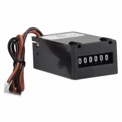 Front-panel-mounting analog electromechanical counter with dimensions 1 in x 1 3/8 in. Operates on 12 V DC to 24 V DC supply. Complies with REACH standards. Used for counting cycles, revolutions, or events in industrial machinery, production line monitoring, packaging equipment, and panel-mounted instrumentation.