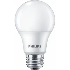 This PHILIPS LED bulb features an A19 classic shape with a frosted finish, providing soft, even illumination. It operates at 120V and 5W, delivering 5000K daylight color temperature. The medium screw (E26) base fits standard household fixtures, suitable for general indoor lighting in lamps, ceiling fixtures, and pendant lights.