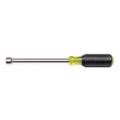 Straight SAE nut driver with a 1/2-inch tip size and magnetized tip for holding fasteners. The hollow round shank accommodates long threaded rods. Used for fastening and loosening nuts and bolts in electrical, mechanical, and industrial applications.