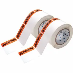 White polyester warning labels, 3 in x 3 in, with rubber adhesive. Halogen-free material. Supplied in rolls of 500. Compatible with BBP81 printer series. Used for marking industrial equipment, safety barriers, and hazard areas.