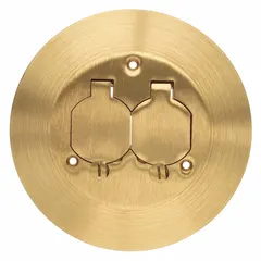 Round brass floor box cover with brushed gold finish. Designed to conceal and protect electrical outlets or data ports installed in floors. Suitable for use in commercial, retail, and hospitality environments where a flush-mount floor access solution is required.