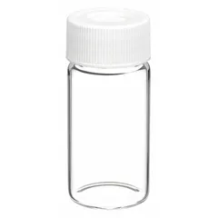Colorless round glass vial with self-standing round bottom, 28 mm body diameter, and 24-400 mm screw thread. Includes a polypropylene closure. Used for general laboratory sample storage, transport, and handling of liquids or solids.