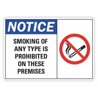 This 2-pack of adhesive-mounted signs displays a clear 'Smoking Of Any Type Is Prohibited On These Premises' message. Each sign measures 7 in x 10 in and features Engineer Grade retroreflective sheeting for visibility in low-light conditions. Suitable for posting no-smoking policies in industrial facilities, warehouses, and building entrances