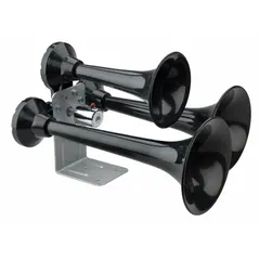 Air-powered horn with a low tone, delivering a maximum sound level of 152 dB. Includes a heavy-duty 12 V electric solenoid valve. Black painted finish. Designed for use on trucks for audible warning signals.
