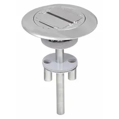 This fire-rated poke-through steel floor box provides a pathway for electrical cables through concrete floors while maintaining the fire-resistance rating. It accommodates (3) 3/4 in conduit sizes and includes an aluminum cover. Used in commercial buildings to deliver power and data connections at floor level.
