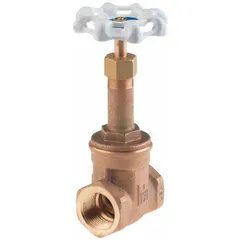 This 1-1/2 in rising stem bronze gate valve is designed for potable water systems. It features FNPT x FNPT connections, a solid wedge, and a wheel operator. The bronze wedge and bonnet provide corrosion resistance. Rated at 300 psi CWP, it is suitable for full-open or full-closed shut-off in plumbing applications.