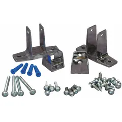 Bright zinc panel bracket for securing stainless steel bathroom partition panels. Includes (4) #10 x 5/8 in barrel nuts. Overall height 2-5/8 in, width 3-3/4 in. Used in commercial restroom installations to support partition panels.