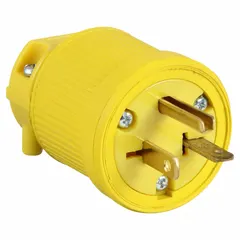 This general-purpose straight blade plug features a NEMA 6-20P configuration with 2 poles and 3 blades. Rated for 250V AC and 20 A, it is used to connect equipment to a grounded 20 A power source in industrial and commercial settings. The yellow housing provides high visibility.