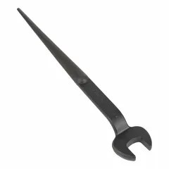 This SAE offset open end spud wrench is made from alloy steel with a black oxide finish. It has a 2-1/2 in head size and a 9/16 in head thickness. Used for tightening and loosening nuts and bolts in steel erection, construction, and industrial maintenance, its offset design provides clearance in tight spaces.