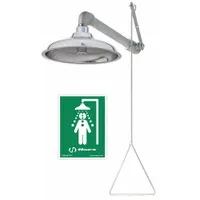 This wall-mount emergency shower features a stainless steel sprayhead and stainless steel pipe with a silver, barrier-free finish. It is activated by a pull rod, providing a straightforward safety solution for industrial environments where immediate decontamination is needed
