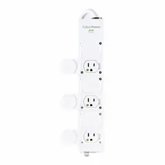 UL 2930 listed healthcare surge protector with 6 outlets and a 15 ft cord. Rated 15 A, 0 J energy rating. White finish with keyhole mounting for secure installation in medical environments.