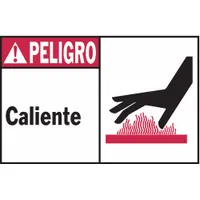 Polyester adhesive sign with Spanish warning for hot surfaces. Non-retroreflective, non-glow-in-the-dark. Nominal size 3 1/2 in x 5 in, 0.01 in thick. Sold in packs of 5. Suitable for marking hot equipment or surfaces in industrial settings