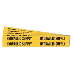 Yellow adhesive pipe marker with black legend reading 'Hydraulic Supply' for identifying hydraulic lines. Fits pipe outer diameters from 3/4 to 2-3/8 inches. Pack includes 4 markers without arrows, supplied in a 5-pack quantity. Suitable for industrial piping systems requiring clear identification of hydraulic supply lines.