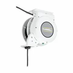 Motorized hardwired self-retracting cord reel with ratchet lock for position hold. Cord is 25 ft, 12 AWG, SJO, white, terminating in bare wire for direct hardwiring. Suitable for industrial and commercial applications requiring overhead cord management.