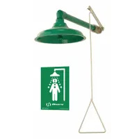 Wall-mount emergency shower with plastic sprayhead and plastic pipe in green. Activated by a pull rod. Inlet connection is 1 in NPT female. Suitable for industrial facilities requiring immediate drenching in case of chemical exposure