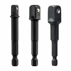 This socket adapter set converts between 1/2 in, 1/4 in, and 3/8 in drive sizes for hand tools. It features a hex drive type and a black oxide finish. The overall length is 5 in. Suitable for automotive, construction, and maintenance tasks.