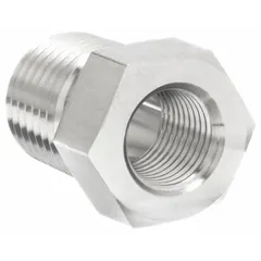Steel hydraulic hose adapter with 1/8 in x 1/4 in fitting size. Female x male, NPTF x NPTF, rigid straight configuration. Used to connect hydraulic hoses or components with different thread sizes in high-pressure fluid power systems.