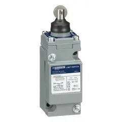 This top-mount roller-plunger limit switch features a metallic steel housing and screw clamp terminals for secure wiring. It is a plug-in device from the 9007C series, used for position sensing in industrial machinery, conveyors, and packaging equipment.