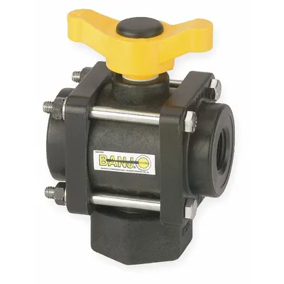 BANJO Manual Three-Way Ball Valve: 1 1/4 in, Polypropylene, L Flow, FNPT x FNPT x FNPT - L-Port Polypropylene Ball Valves