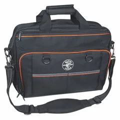 This black polyester wide-mouth tool bag features 22 pockets for organizing hand tools and accessories. The wide-mouth opening allows easy access to contents. Typical applications include carrying tools on job sites for electricians, technicians, and maintenance professionals.