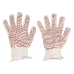 Steam-resistant knit gloves with a dotted, full nitrile coating. Rated for a maximum temperature of 482°F. Beige knit material. Suitable for hand protection in industrial environments involving heat and steam.