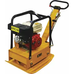 Gas-powered plate compactor with a 14-5/8 in plate length and 28-1/2 in plate width. Delivers 2500 centrifugal lb of compacting force. Includes a water tank for dust suppression. Used for compacting soil, gravel, and asphalt in construction and landscaping applications.