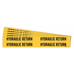 Yellow adhesive pipe marker with black legend reading 'Hydraulic Return'. Designed for pipe outer diameters from 3/4 to 2-3/8 inches. Pack includes 4 markers without arrows. Used to identify hydraulic return lines in fluid power systems.