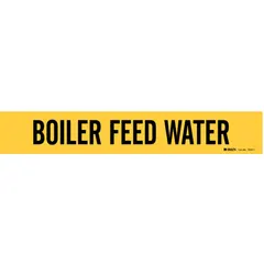 Adhesive pipe marker with yellow background and black legend text reading 'Boiler Feed Water'. Fits pipe outer diameters from 2-1/2 to 7-7/8 inches. Supplied as a single marker without directional arrows. Used to identify pipes carrying boiler feed water in industrial facilities.