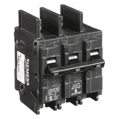 The SIEMENS BQ3B060 is a 3-pole, 60 A miniature circuit breaker rated 240V AC with a 10kA interrupting capacity. It is a bolt-on type for use in panelboards, providing overcurrent protection in commercial and industrial electrical distribution systems.