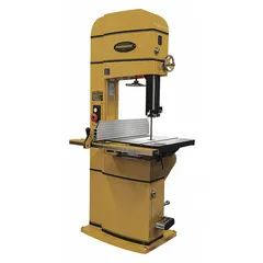 Vertical band saw with 18-inch throat depth, operating at blade speeds of 2,300 to 4,400 SFPM. Powered by 230V AC, single-phase motor. Tilting table adjusts from 10° left to 45° right. Suitable for cutting curves, resawing, and straight cuts in wood.