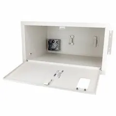 This cord reel enclosure is a 4 in square electrical box with an overall height of 14 4/5 in. It is designed for use with HBLI45123- Series cord reels, providing a protective housing in industrial and commercial settings where reliable power delivery is needed.
