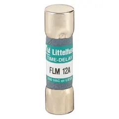 LITTELFUSE FLM Series time-delay midget fuse rated 12 A and 250 V AC. Non-indicating design with dimensions 13/32 in x 1 1/2 in. Provides overcurrent protection for industrial control circuits, motors, and transformers, tolerating inrush surges.