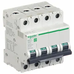 This SCHNEIDER supplementary protector is a B-Curve, 4-pole device rated 32 A with a maximum interrupting rating of 14 kA at 240 V AC. It features screw clamp terminals and is designed for DIN rail mounting. Suitable for overcurrent and short-circuit protection in branch circuits and equipment within industrial control panels, HVAC systems, and lighting applications.