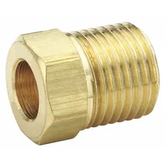 Brass inverted flare tube fitting nut with 7/16"-24 thread size A and 9/16 in overall length. Meets ASME standards. Used for creating leak-tight flared connections in tubing systems.