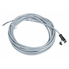 This single-ended cordset features a gray PVC jacket and is designed for flexing applications. It has an M12 female right-angle connector on one end and bare wire on the other, with 4 pins, 18 AWG wire, and a 5 m cable length. Rated IP67 and 3 A max current, it is suitable for connecting sensors and actuators in industrial environments.