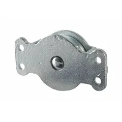 This side-mount cheek pulley block is designed for lifting and pulling applications using wire rope. It features a bolt-on mounting configuration and a brass construction. Suitable for industrial rigging, construction, and maintenance tasks requiring a mounted pulley block.