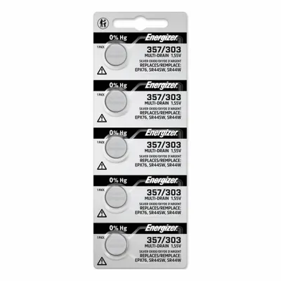 ENERGIZER Button Cell Battery: 303/357 Battery Size, Silver Oxide, 138 mAh Capacity - Disposable Coin & Button Batteries