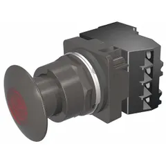 Maintained-action illuminated push button with a 30 mm metallic mushroom-head profile. Features 1NO/1NC contact configuration and pressure plate terminal connections. Suitable for industrial control panel applications requiring a maintained switch function.