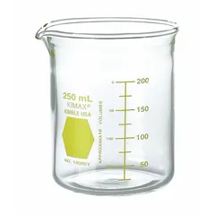 This 250 mL (8.45 fl oz) low form beaker is made from Type I borosilicate glass. The yellow color coding aids identification and organization in laboratory settings for mixing, heating, and measuring liquids.